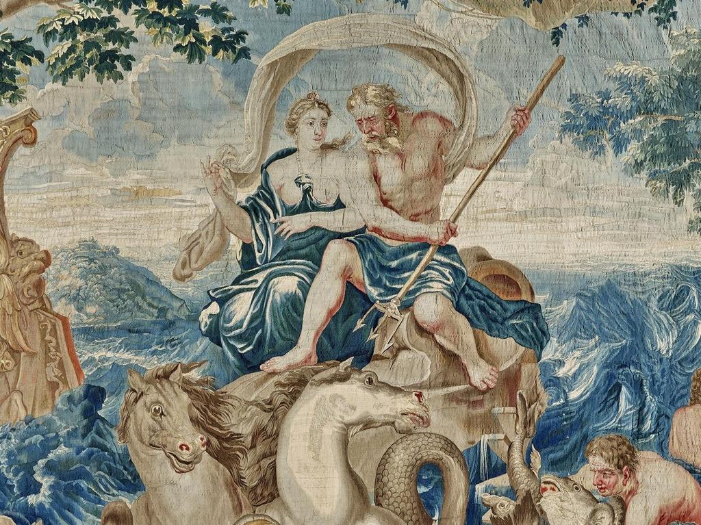 Manufacture royale de Beauvais, d’après Charles Le Brun, L'Eau (détail), de la Tenture des Éléments, fin du XVIIᵉ siècle, vers 1690. Laine et soie, 410 x 550 cm. Vente Paris Drouot, Giquello, 22 mai 2025. Estimé : 30 000/40 000 €. Adjugé : 112 094 € (frais inclus).