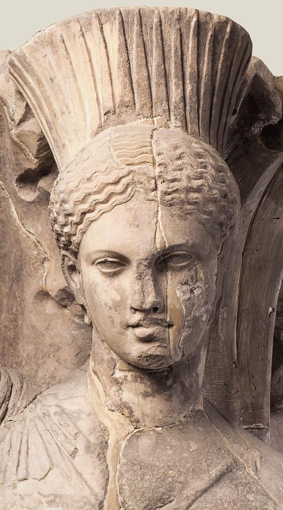 Détail de la tête d’un des personnages de la colonne d’acanthe omphalophore.