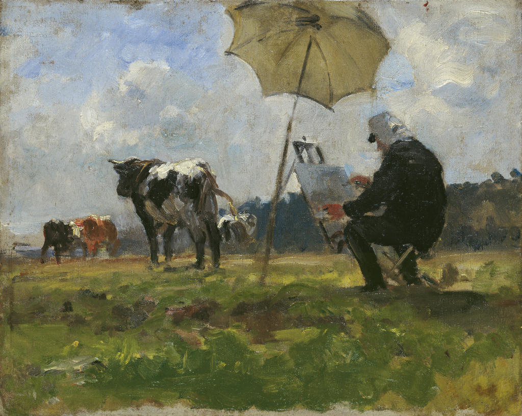 Henri Michel-Lévy, Eugène Boudin peignant des animaux dans la prairie de Deauville, 1880. Huile sur toile, 22 x 27 cm. Honfleur, musée Eugène-Boudin.