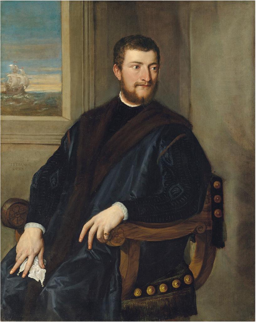 Tiziano Vecellio, dit Titien (1485/1490-1576), Portrait d’un noble, assis devant une fenêtre. Huile sur toile, 120,3 x 97,2 cm. Signé. Vente Londres, Christie’s, 1ᵉʳ juillet 2025. Estimé : 3/5 M£. Adjugé : 3 428 000 £ (3 973 858 € frais inclus).