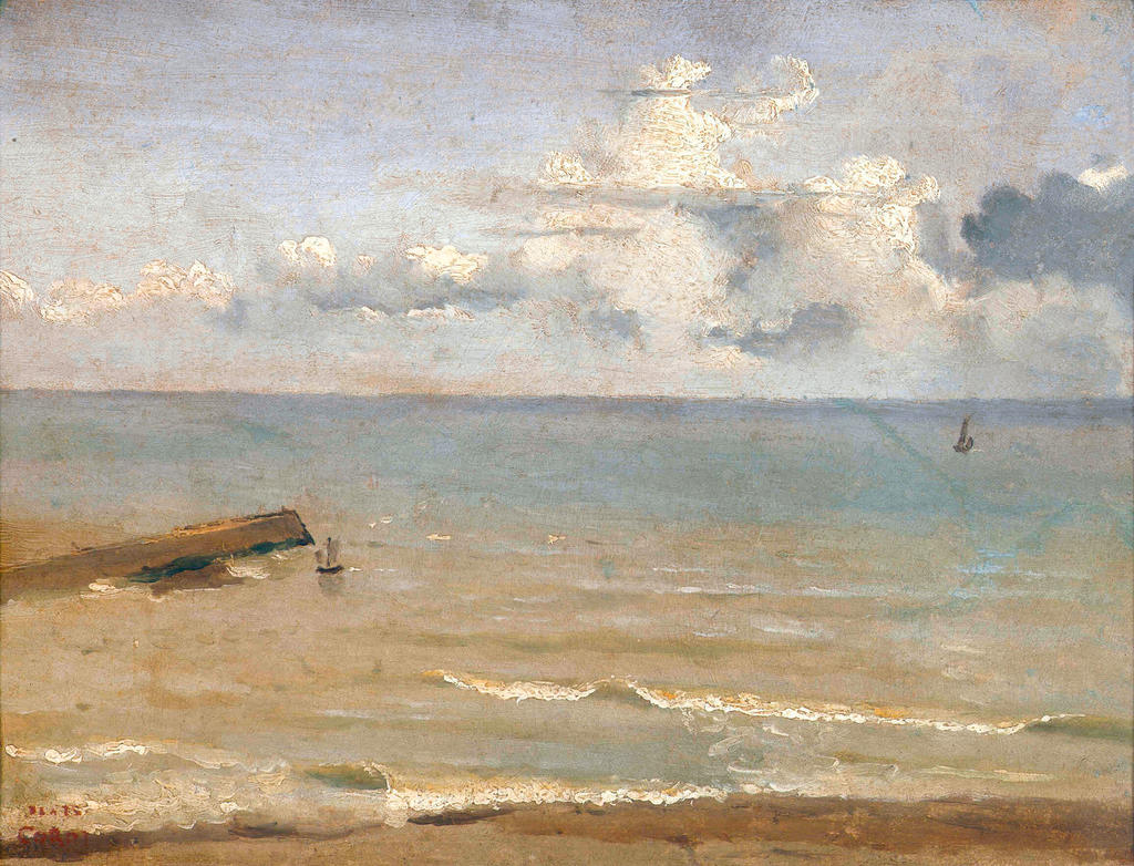 Jean-Baptiste Camille Corot,  Dieppe, le bout de la jetée et la mer (Marine), 1822. Huile sur papier marouflé sur toile, 23,5 x 31 cm. Bruxelles, musées royaux des Beaux-Arts de Belgique.