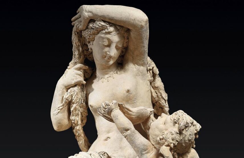 Alexandre Falguière (1831-1900), Projet de fontaine (détail). Terre cuite originale signée « Falguière », datée 1859 et dédicacée à « M. Biscons hommage de l’artiste ». 133 x 85 x 38 cm.