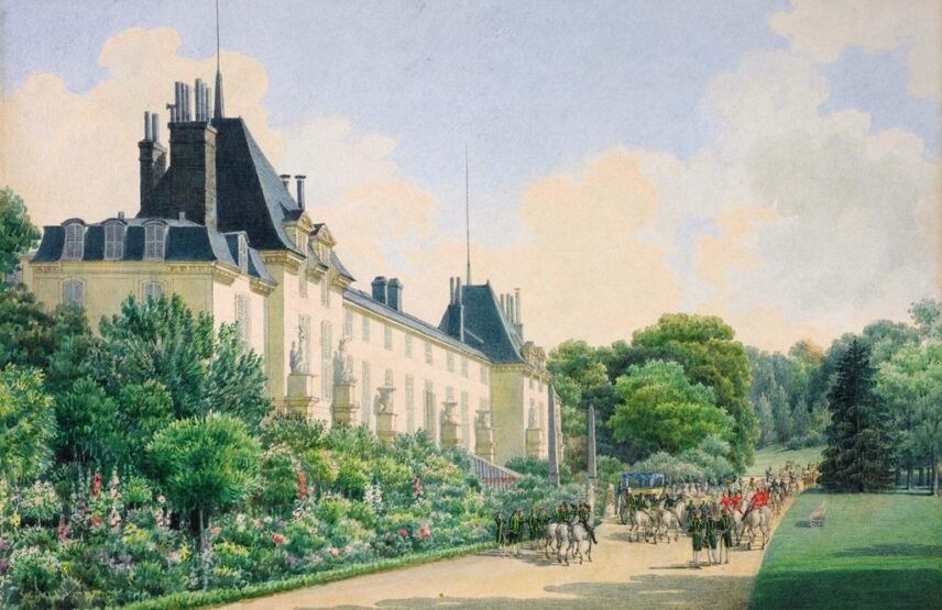 Auguste Garnerey, Vue du château de Malmaison du côté du jardin, vers 1810. Aquarelle, 16,3 x 24,3 cm.