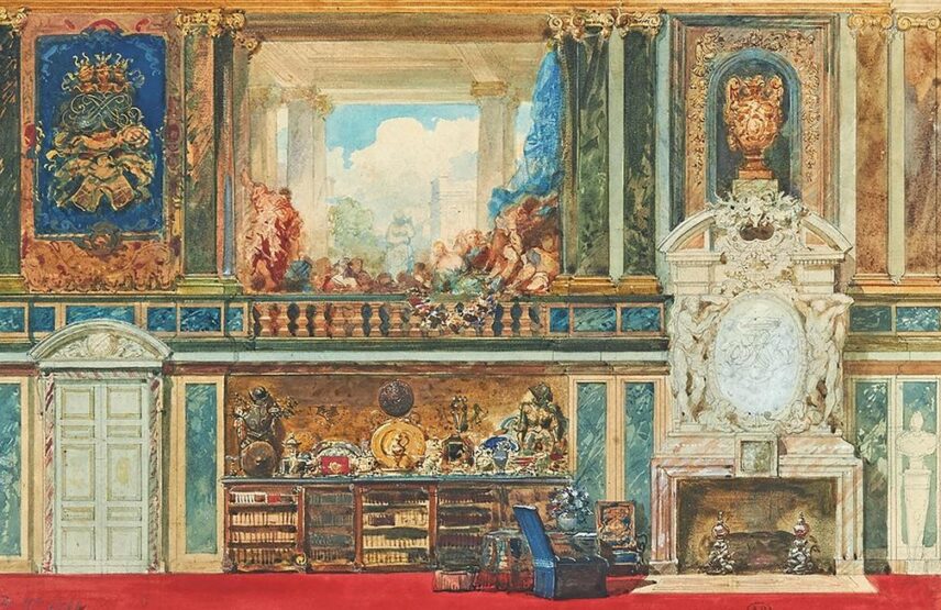 Eugène Lami (1800-1890), Projet de décoration pour le grand hall du château de Ferrières (détail), vers 1860. Graphite, aquarelle et gouache sur papier vergé, 37 x 66 cm. Don Étienne de Ganay, 1891.