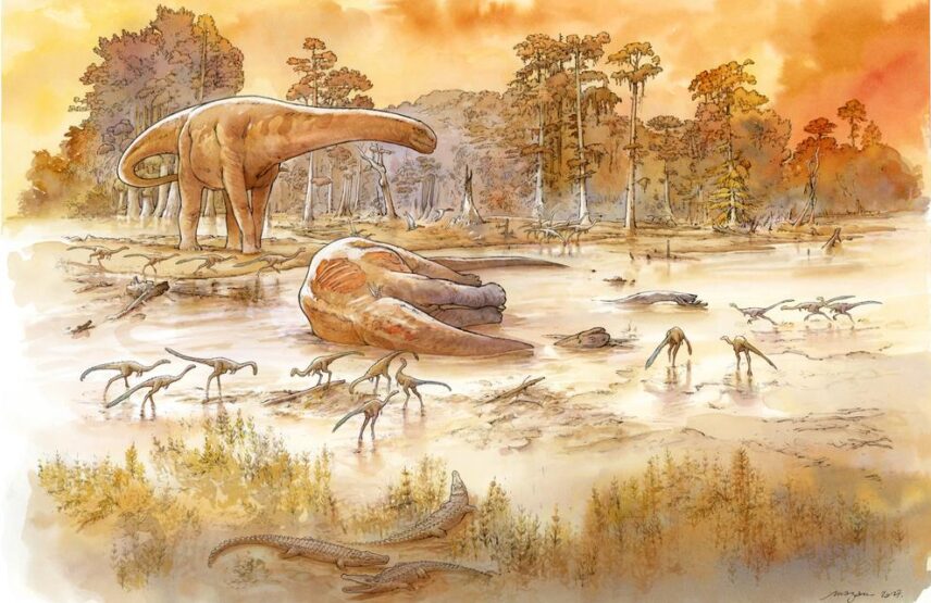 Évocation du site d’Angeac avec les grands sauropodes et les ornithomimosaures.