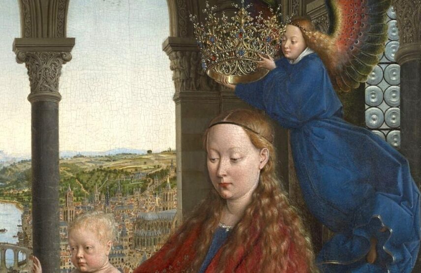 Jan van Eyck, Le Chancelier Rolin en prière devant la Vierge et l’Enfant dit aussi La Vierge du chancelier Rolin (détail après restauration), vers 1430 (?). Huile sur bois (chêne), 66 x 62 cm. Paris, musée du Louvre.