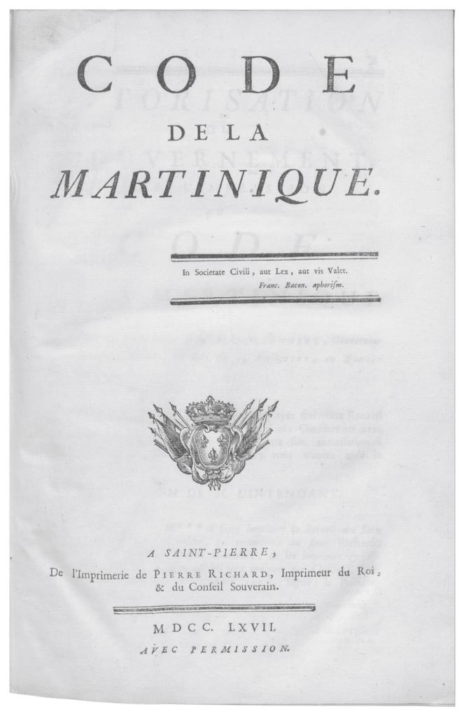 Page de titre du Code de la Martinique, 1767. Archives territoriales de la Martinique, RES. F°23.