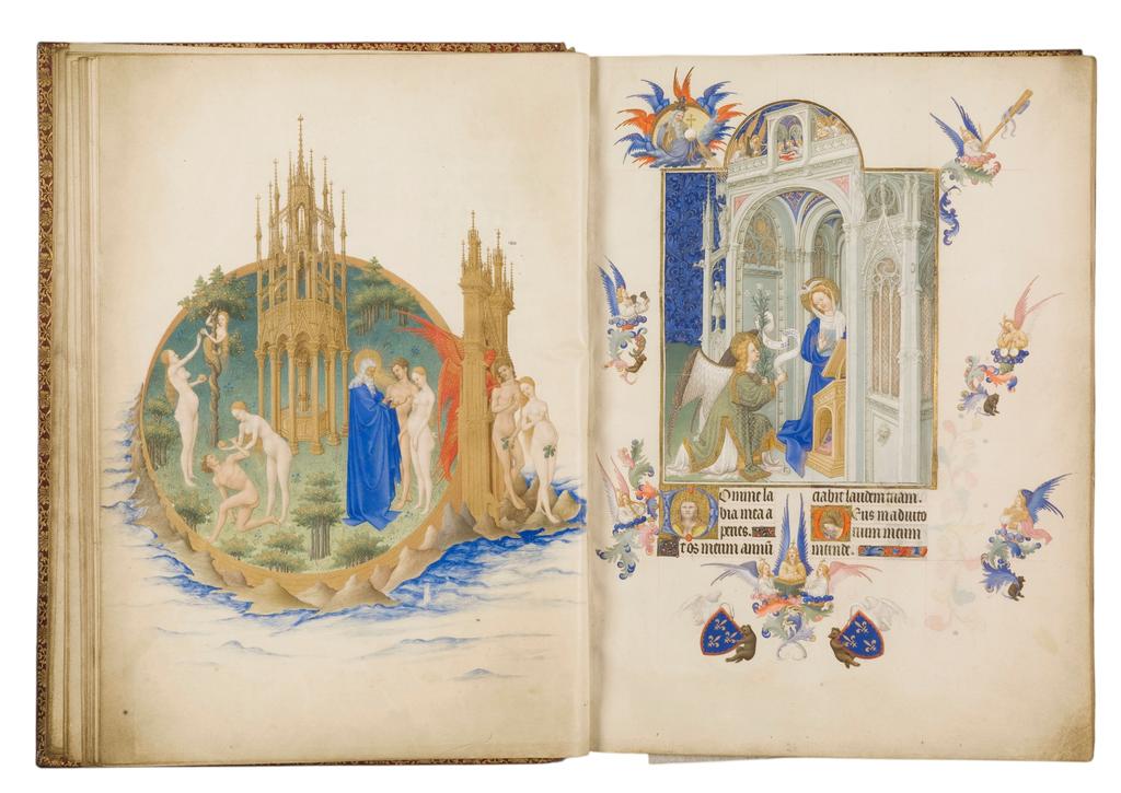 Le Paradis et l’Annonciation. Grandes peintures des frères de Limbourg, la première sur un feuillet isolé, entre 1411 et 1416, extrait du calendrier des Très Riches Heures du duc de Berry (fol. 25v-26). Chantilly, bibliothèque du musée Condé.