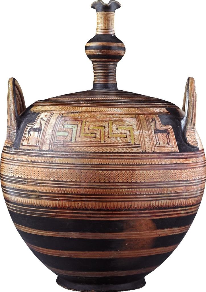 Pyxis avec couvercle. Géométrique moyen (quatrième quart du IXᵉ siècle avant notre ère). Céramique. Paris, musée du Louvre, département des Antiquités grecques, étrusques et romaines.