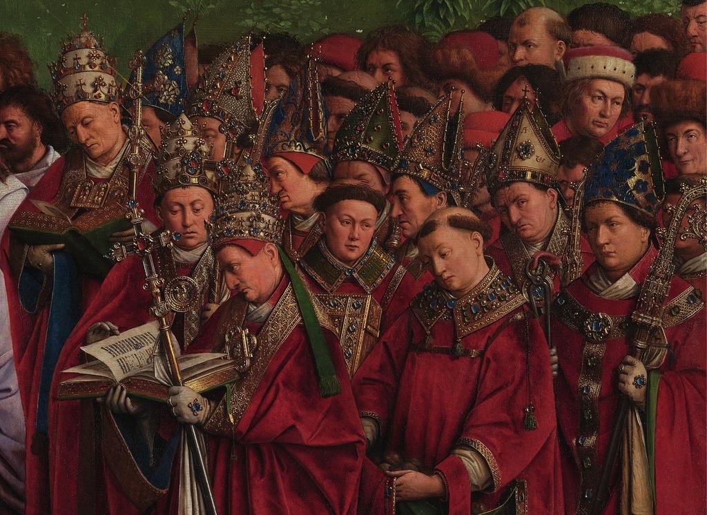 La deuxième phase de restauration a permis de dévoiler la beauté saisissante de la scène centrale du polyptyque, comme sur ce détail des Martyrs, visibles sur la partie droite.