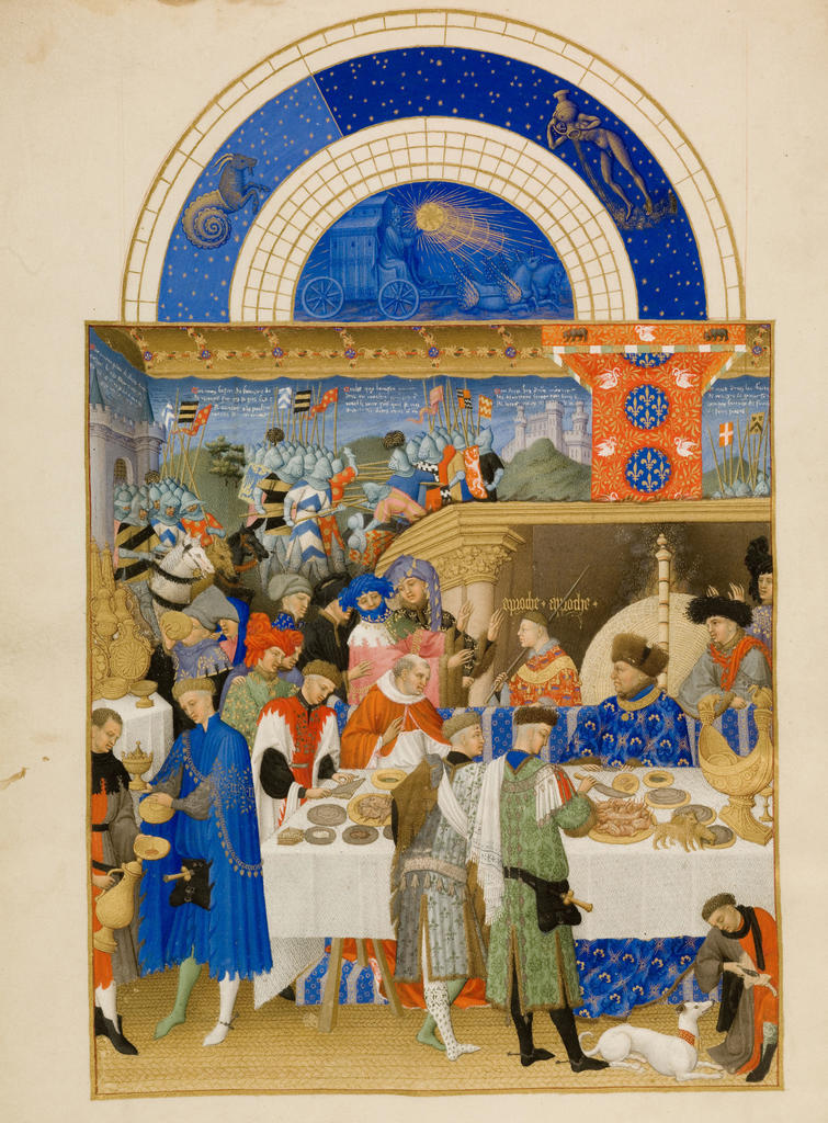 Le mois de janvier : festin chez le duc de Berry. Peinture des frères de Limbourg, entre 1411 et 1416, extrait du calendrier des Très Riches Heures du duc de Berry (fol. 1v). Chantilly, bibliothèque du musée Condé.