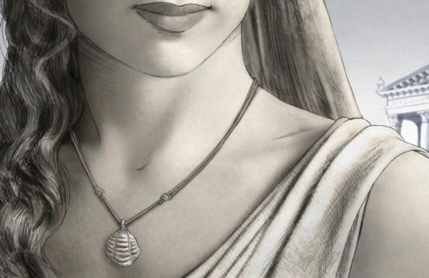 Évocation d'un coquillage monté en collier.