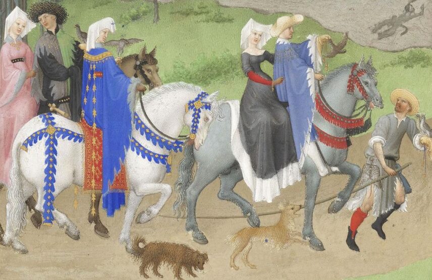 Les frères de Limbourg, Très Riches Heures du duc de Berry, ms. 65, folio 8 v°, le mois d’août, « La chasse au faucon » (détail), vers 1411-1416. Chantilly, bibliothèque du musée Condé. 21 x 29 cm.