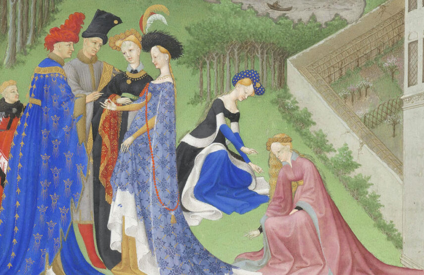 Les frères de Limbourg, Très Riches Heures du duc de Berry, ms. 65, folio 4 v°, le mois d’avril, « La reverdie » (détail), vers 1411-1416. Chantilly, bibliothèque du musée Condé. 21 x 29 cm.