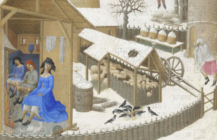 Les frères de Limbourg, Très Riches Heures du duc de Berry, ms. 65, folio 2 v°, le mois de février, « Scène de vie paysanne sous la neige » (détail), vers 1411-1416. Chantilly, bibliothèque du musée Condé. 21 x 29 cm.