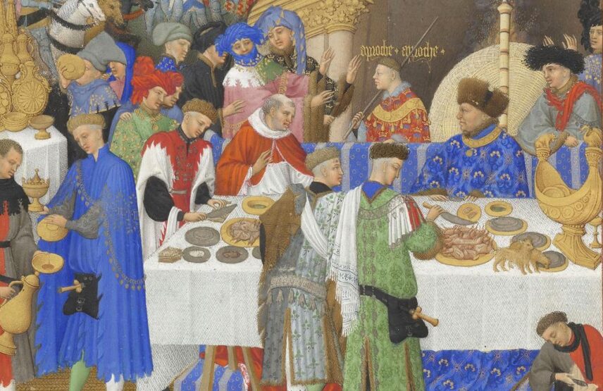 Les frères de Limbourg, Très Riches Heures du duc de Berry, ms. 65, folio 1 v°, le mois de janvier, « Festin chez le duc de Berry » (détail), vers 1411-1416. Chantilly, bibliothèque du musée Condé. 21 x 29 cm.