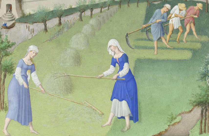 Les frères de Limbourg, vers 1411-1416, et Barthélemy d’Eyck, vers 1446, Très Riches Heures du duc de Berry, ms. 65, folio 6 v°, le mois de juin, « La fenaison » (détail). Chantilly, bibliothèque du musée Condé. 21 x 29 cm.