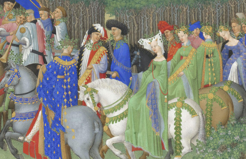 Les frères de Limbourg, Très Riches Heures du duc de Berry, ms. 65, folio 5 v°, le mois de mai, « La cavalcade de mai » (détail), vers 1411-1416. Chantilly, bibliothèque du musée Condé. 21 x 29 cm.