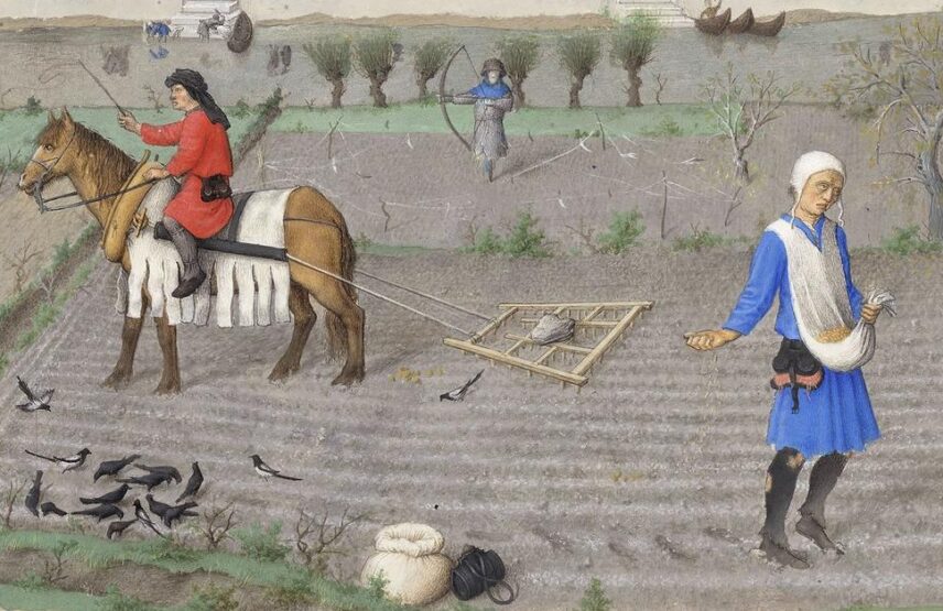 Les frères de Limbourg, vers 1411-1416, et Barthélemy d’Eyck, vers 1446, Très Riches Heures du duc de Berry, ms. 65, folio 10 v°, le mois d’octobre, « Les semailles » (détail). Chantilly, bibliothèque du musée Condé. 21 x 29 cm.