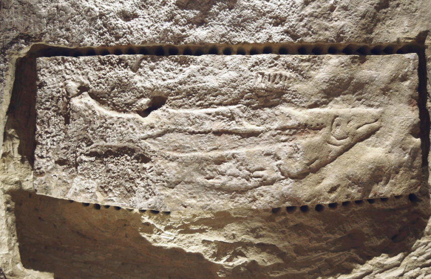 Sculpture de saumon en bas-relief. Abri du Poisson, Les Eyzies, Dordogne. Les perforations qui l’entourent sont le résultat des travaux de détachement interrompus par Denis Peyrony en 1912.