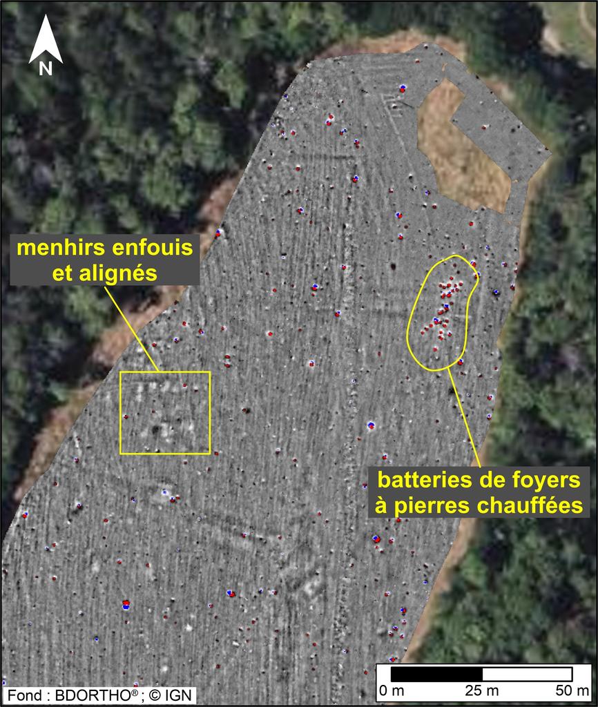 Extrait d’une carte de prospection magnétique révélant la présence de menhirs enfouis et alignés, et de batteries de foyers à pierres chauffées dans le secteur du Manio.