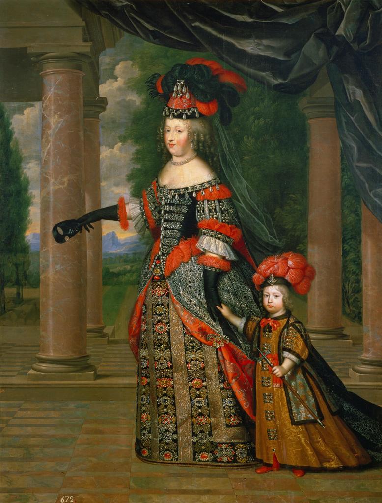 Henri (1603-1677) et Charles (1604-1692) Beaubrun, Portrait de la reine Marie-Thérèse et de son fils le Dauphin en costume « à la polonaise », 1664. Huile sur toile, 225 x 175 cm. Madrid, Museo Nacional del Prado.