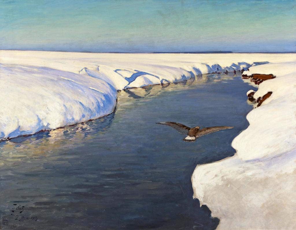 Julian Falat (1853-1929), Paysage d’hiver avec rivière et oiseau, 1913. Huile sur toile, 106 x 135 cm. Musée national de Varsovie.