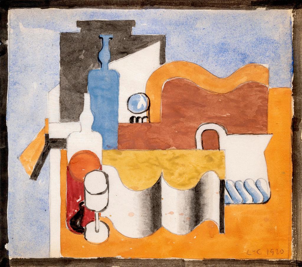 Le Corbusier (1887-1965), Nature morte puriste, lanterne, guitare, pichet et livre, 1920.