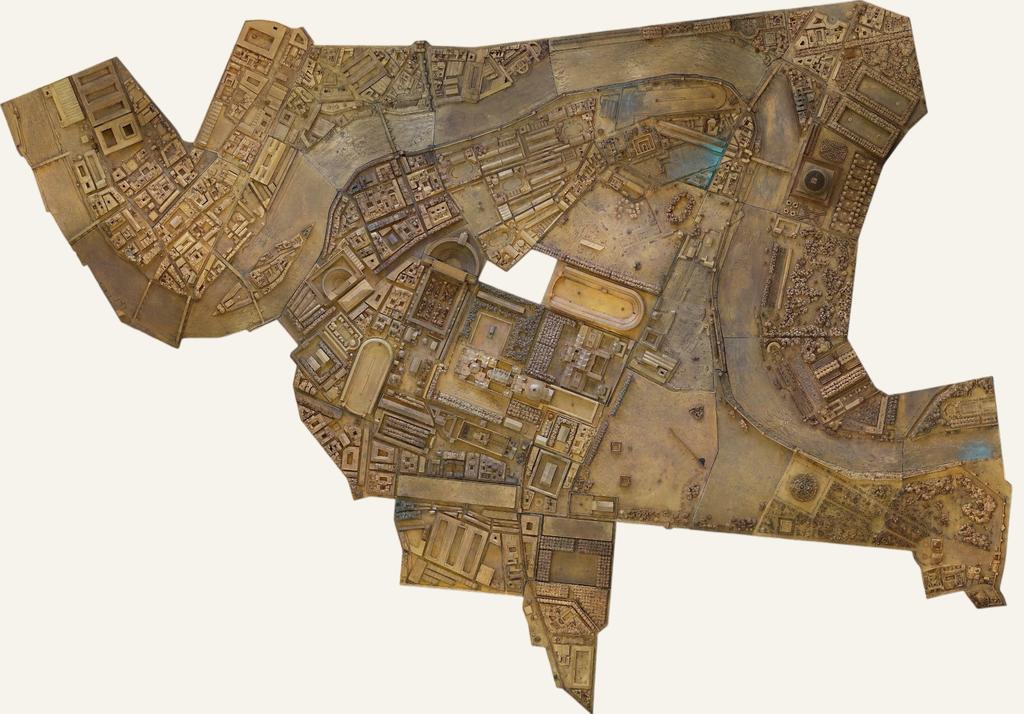 Maquette du plan de Rome : moulage par galvanoplastie d’une partie (20 plaques) de la maquette du plan de la Rome antique (IVe siècle), conçue par Paul Bigot entre 1900 et 1942, réalisation de l’orfèvre Christofle.