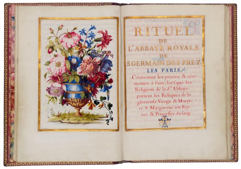 Nicolas Jarry (1615 ?-1666) et Nicolas Robert (1614-1685), Rituel de l’abbaye royalle de S. Germain des Prez les Paris. Contenant les prières & cérémonies à faire lorsque les Religieux de la d. Abbaye portent les Reliques de la glorieuse Vierge & Martyre S. Marguerite aux Reynes & Princesses du sang, 1661. Manuscrit enluminé sur vélin, 32 x 23 cm. Versailles, musée national des châteaux de Versailles et de Trianon.