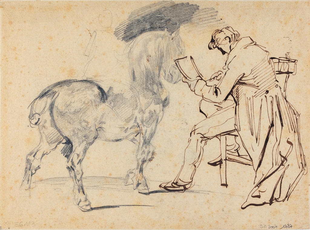 Théodore Géricault (1791-1824), Étude pour « Horses going to a fair » avec un autoportrait de l’artiste dessinant, vers 1821. L'œuvre est présentée dans l'exposition « Pépites ! Lumière sur les collections mulhousiennes ». Crayon, plume et encre de Chine sur papier. Mulhouse, Bibliothèque municipale, Cote SIM E 6113.