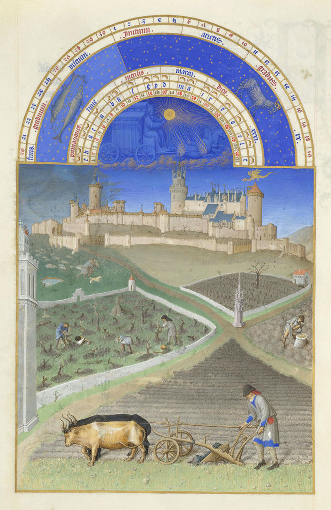 Les frères de Limbourg, vers 1411-1416, et Barthélemy d’Eyck, vers 1446, Très Riches Heures du duc de Berry, ms. 65, folio 3 v°, le mois de mars, « Les premiers travaux des champs ». Chantilly, bibliothèque du musée Condé. 21 x 29 cm.