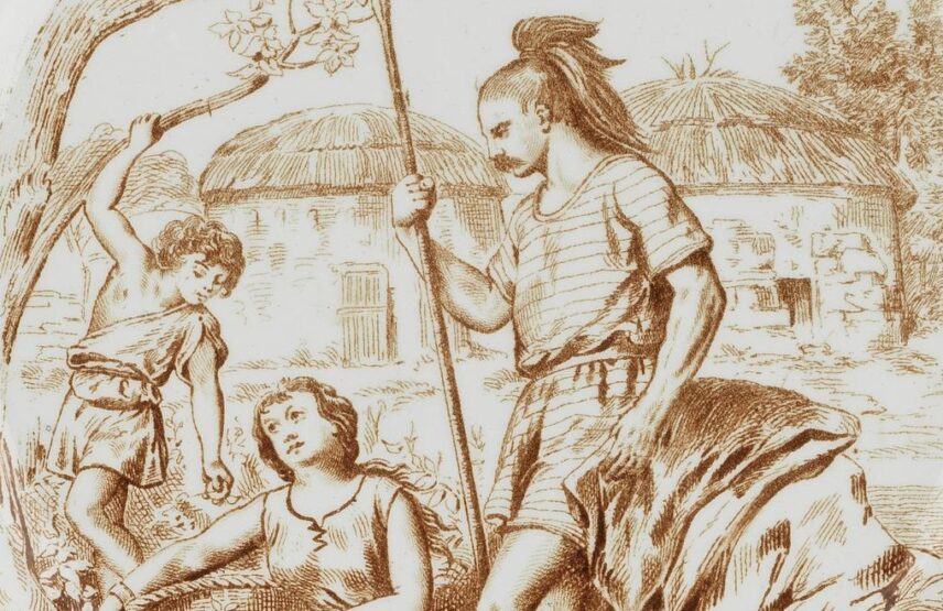 Manufacture Creil & Montereau, assiette de la série « Histoire de l’habitation » : Gaulois (détail). 1889, faïence fine à décor couvrant en impression brune, D : 20 cm.