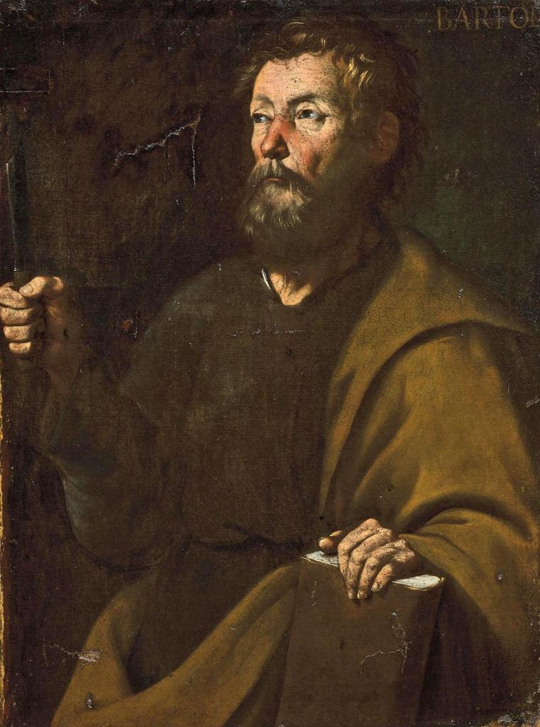 École espagnole du XVIIe siècle, entourage de Velázquez, Saint Barthélemy. Huile sur toile, 92 x 70 cm.