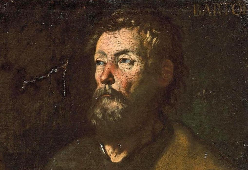 École espagnole du XVIIe siècle, entourage de Velázquez, Saint Barthélemy (détail). Huile sur toile, 92 x 70 cm.