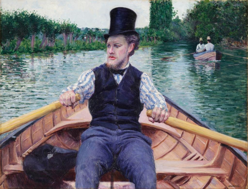 Gustave Caillebotte (1848–1894), Partie de bateau [Canotier au chapeau haut de forme], vers 1877-1878. Huile sur toile, 89,5 x 116,7 cm. Paris, musée d’Orsay.
