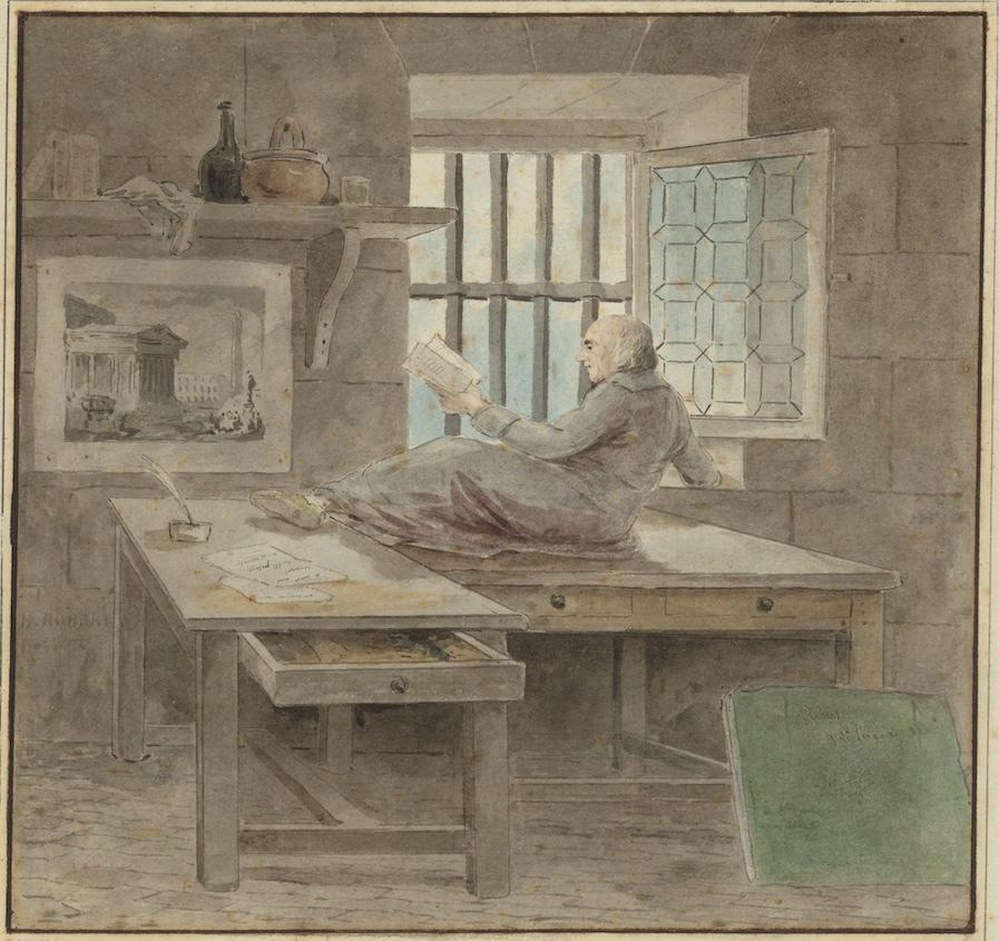 Hubert Robert (1733-1808), Autoportrait à la prison Saint-Lazare, 1793. Plume, encre noire, pinceau, lavis gris et aquarelle, 25 x 26 cm. New York, The Metropolitan Museum of Art.