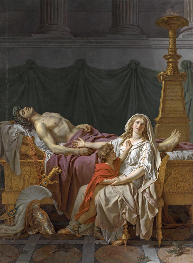 Jacques-Louis David, La Douleur et les Regrets d’Andromaque sur le corps d’Hector, Salon de 1783, morceau de réception de David à l’Académie royale de peinture et de sculpture. Paris, Écolenationale supérieure des beaux-arts, dépôt au musée du Louvre. Huile sur toile, 275 x 230 cm.