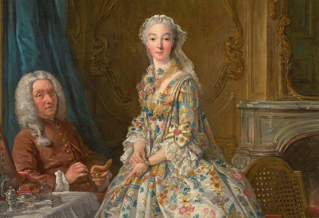Jean-François de Troy (1679-1752), Portrait de Jean-Hyacinthe Hocquart, seigneur de Montfermeil, de son épouse Marie-Anne Gaillard de la Bouexière de Gagny et de leur fils Jean-Hyacinthe-Emmanuel Hocquart, futur marquis de Montfermeil (détail). Huile sur toile, 130,50 x 98,50 cm. Signé et daté ‘DE TROY 1736’ en bas à droite. Estimé : 1/2 M€.